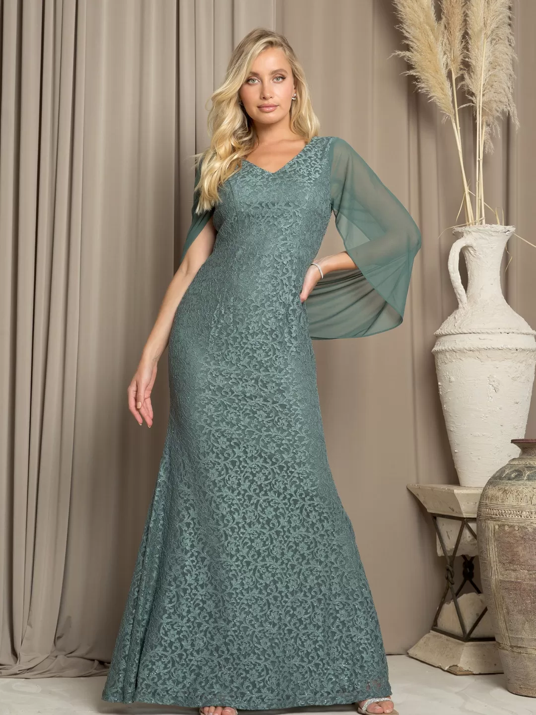 Store TP Kjoler Blondekjole med chiffonærmer 3471 Grøn,Mocha,Navy,Vinrød