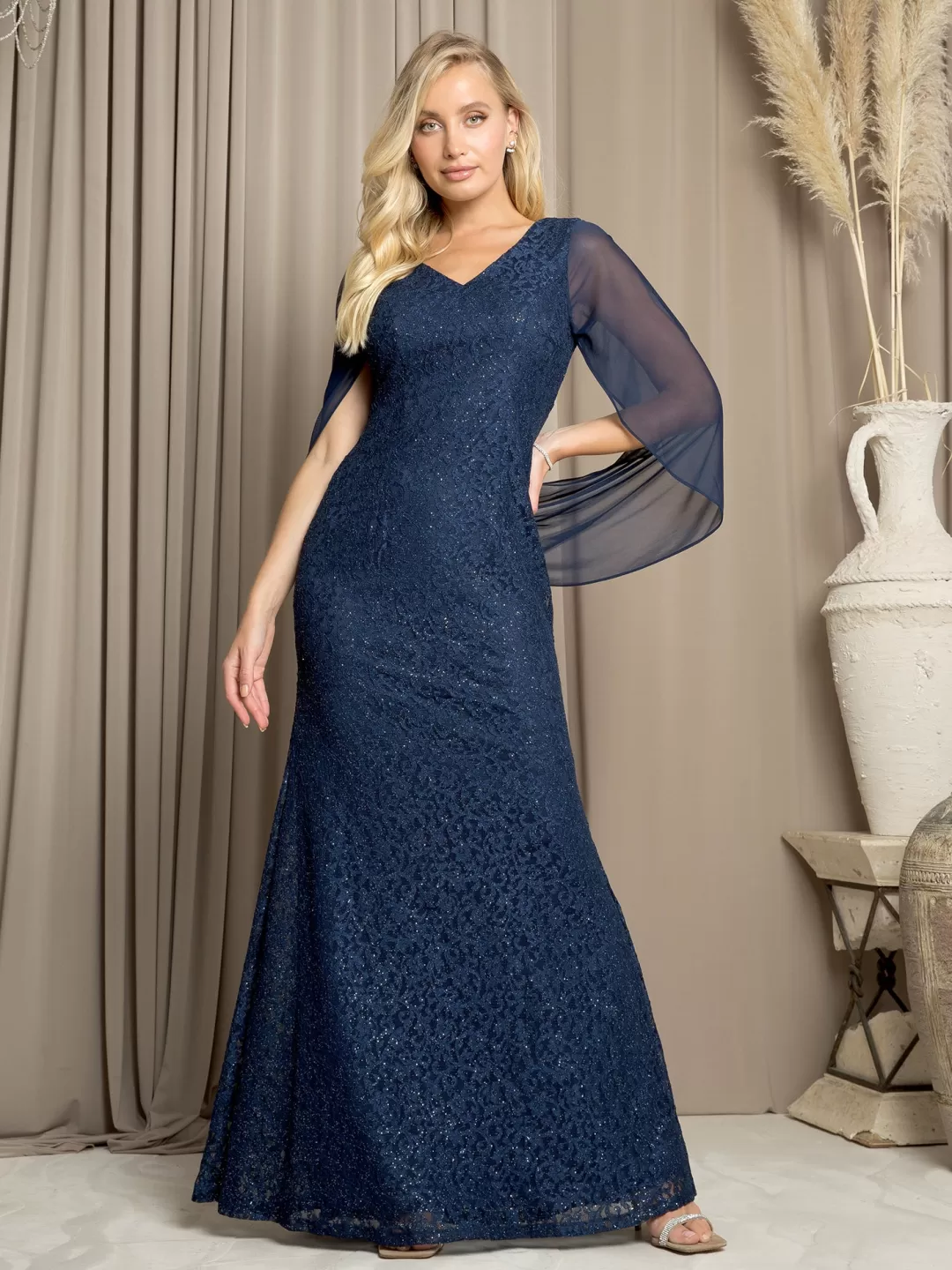 Store TP Kjoler Blondekjole med chiffonærmer 3471 Grøn,Mocha,Navy,Vinrød