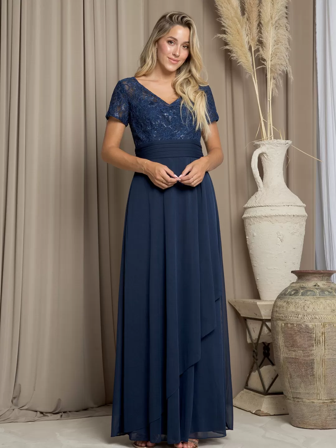 Store TP Kjoler Festkjole med et kort ærme 3486 Navy,Rød