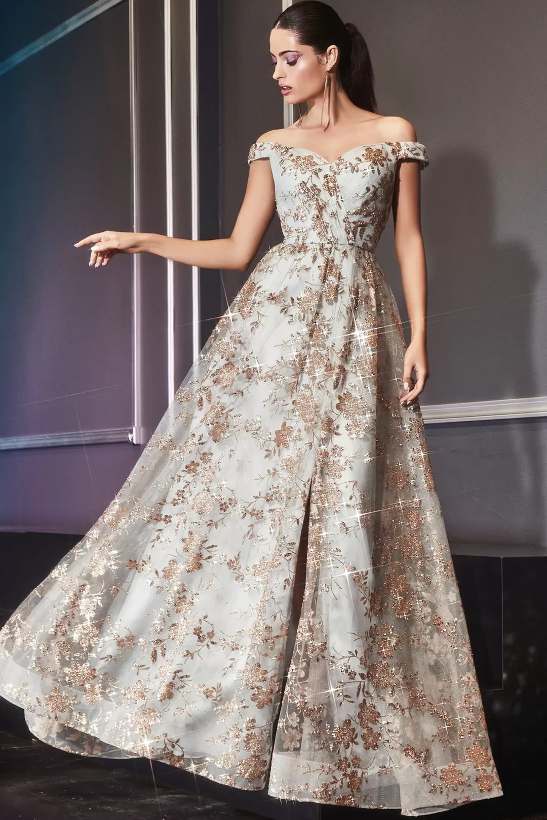 Store TP Kjoler Gallakjole med offshoulders og glitter CB069 Blush,Guld