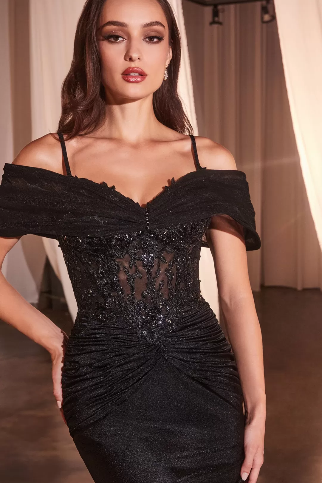 Sale TP Kjoler La Divine CD798 tætsiddende festkjole med aftagelige offshoulder Blå,Sort,Guld