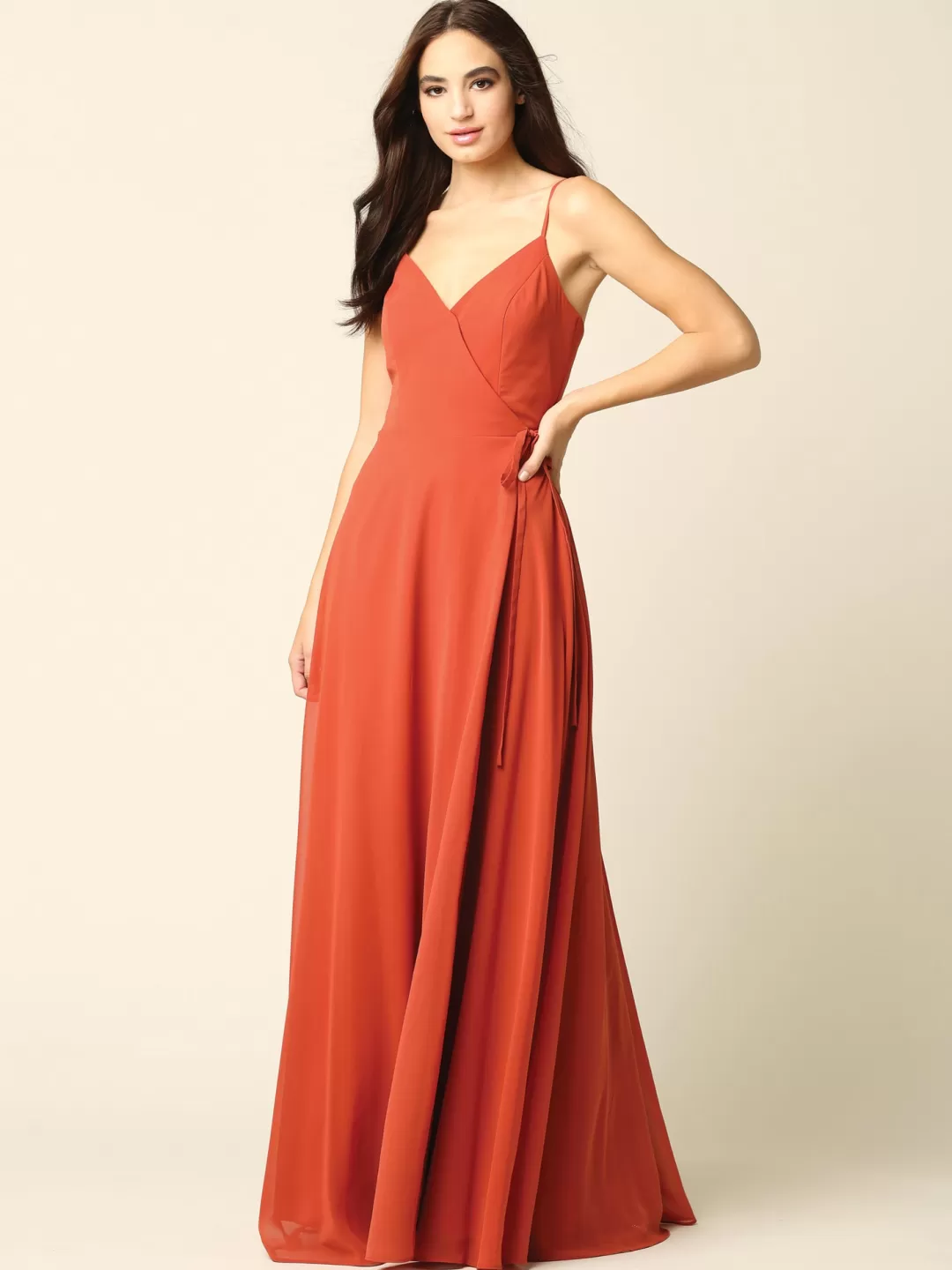 Sale TP Kjoler Lang wrap chiffon festkjole 3382 Blush,Grøn,Navy,Vinrød,Orange