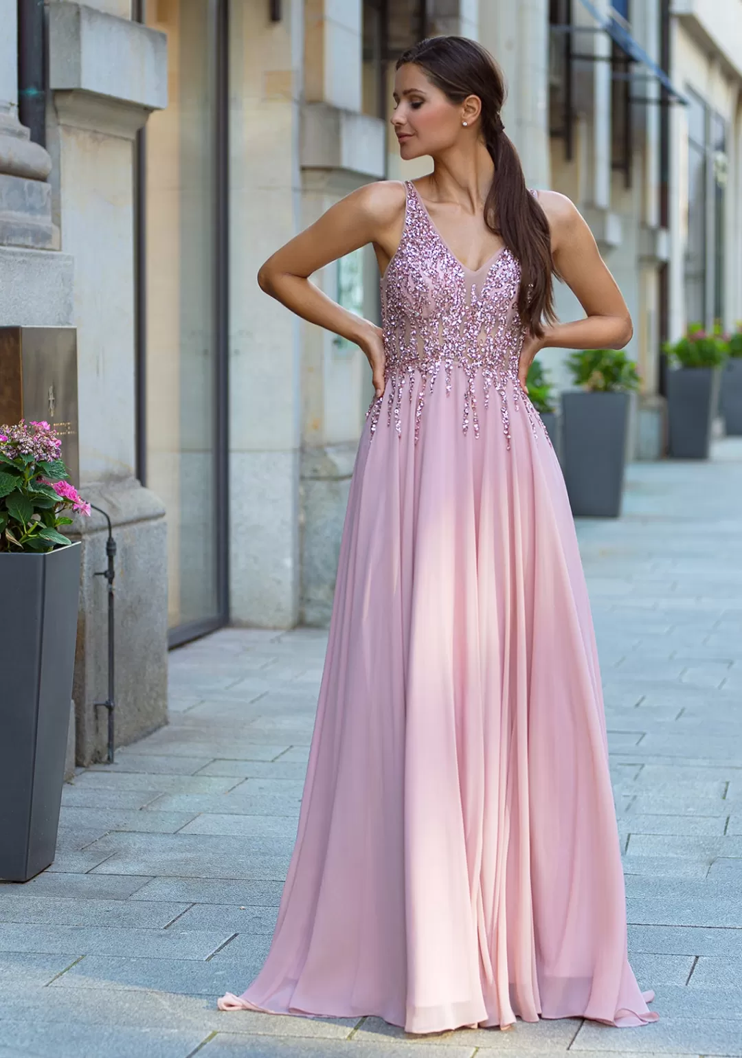 Sale TP Kjoler Rosa Christian Koehlert chiffon gallakjole 0549