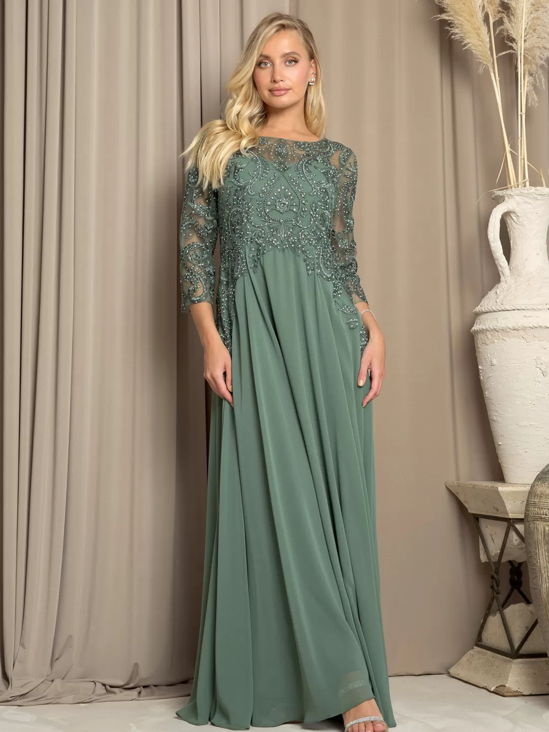 Clearance TP Kjoler Selskabskjole med 3/4 ærmer og blondedetaljer Grøn,Lilla,Champagne