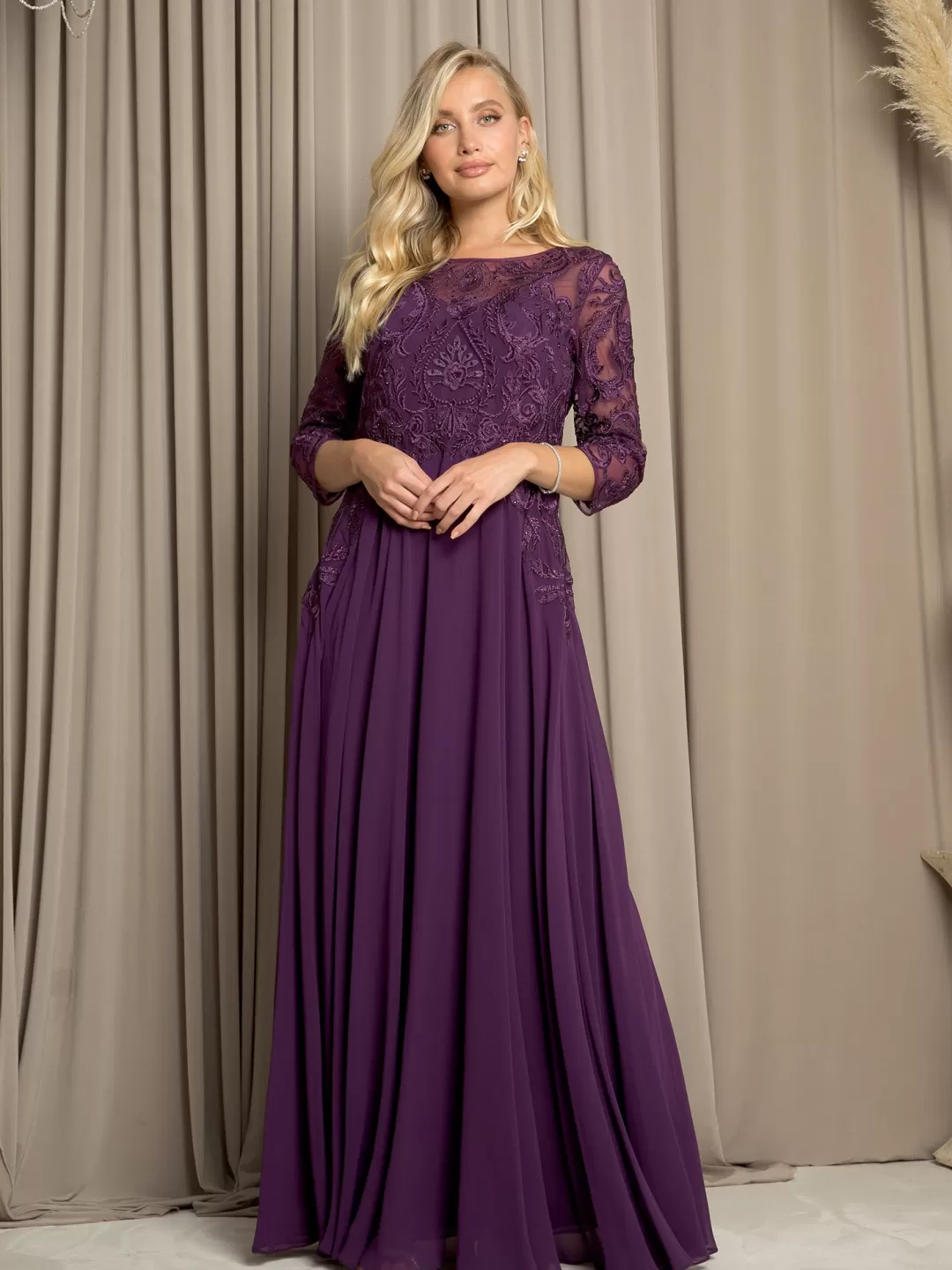Clearance TP Kjoler Selskabskjole med 3/4 ærmer og blondedetaljer Grøn,Lilla,Champagne