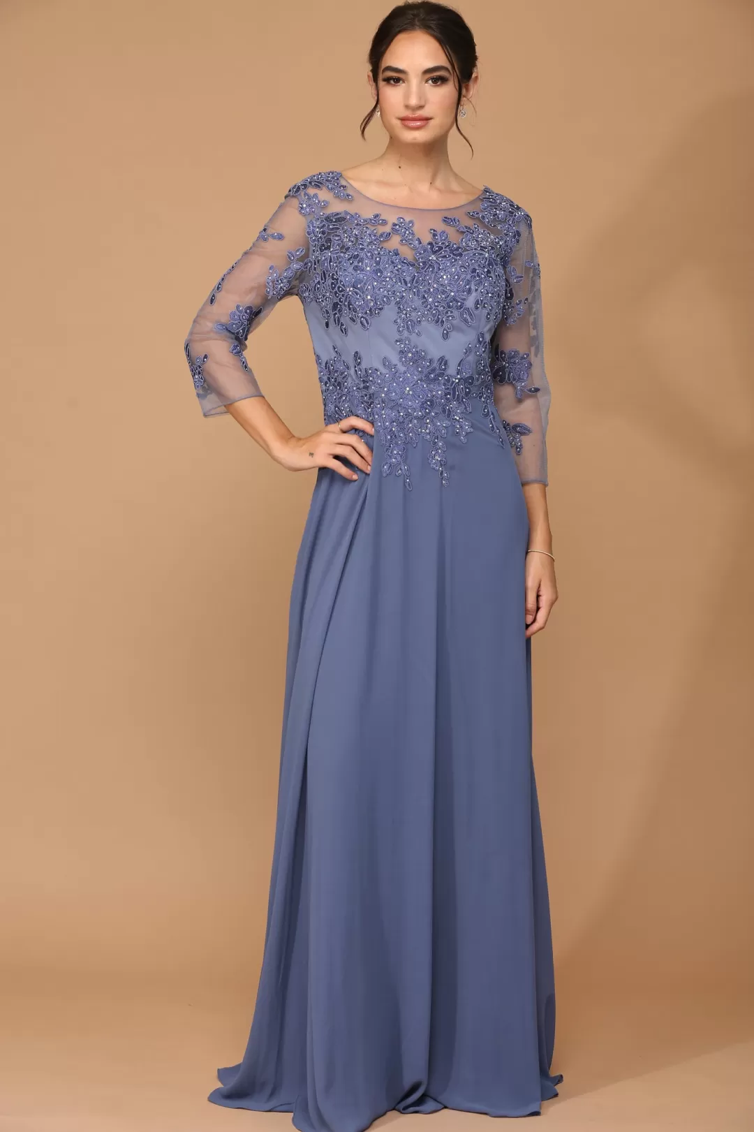 New TP Kjoler Støvet blå festkjole med lange ærmer Champagne,Støvetblå,Mørkeblå,Sølv,Mauve,Grøn,Lyserød